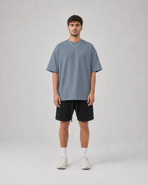 Essential Oversized T-Shirt in Gray Blue, full length view on model