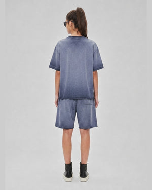 Washed Oversized Set in Slate Blue, back view on model