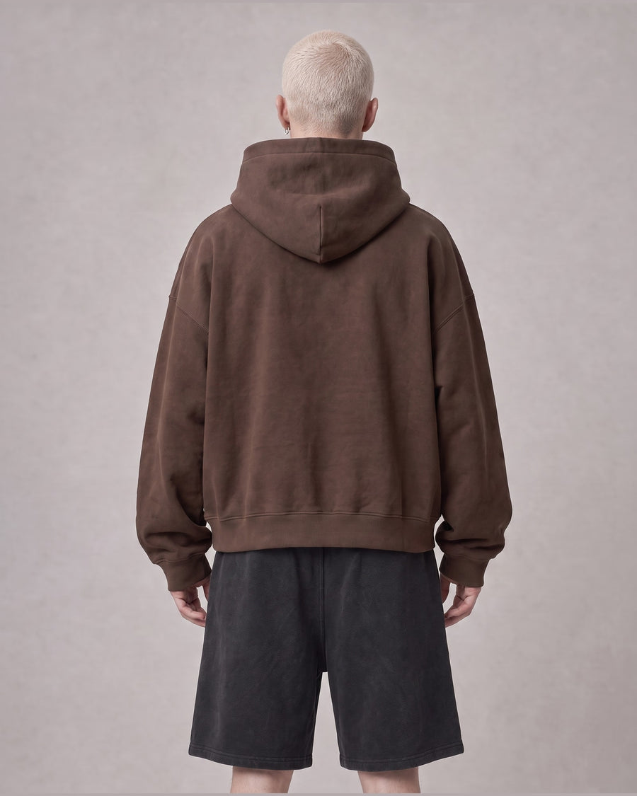 Essential Oversized Hoodie in Coffee, back view on model