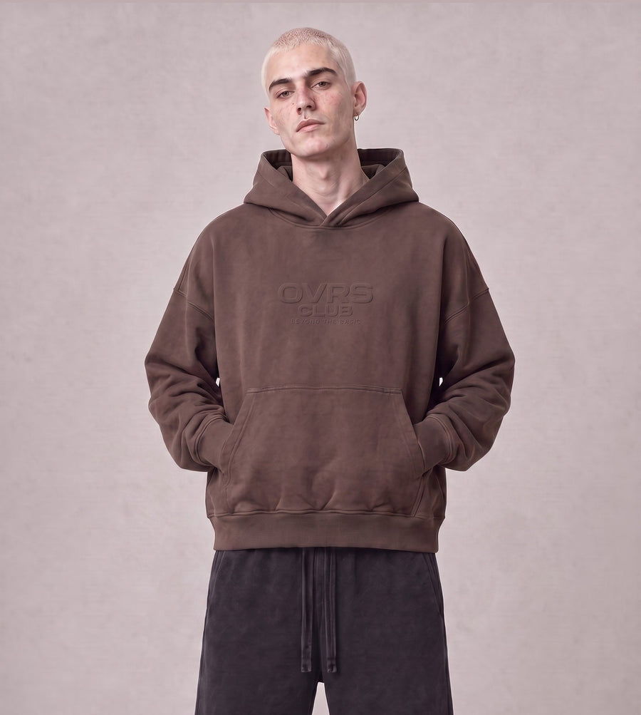 Essential Oversized Hoodie in Coffee, front view on model