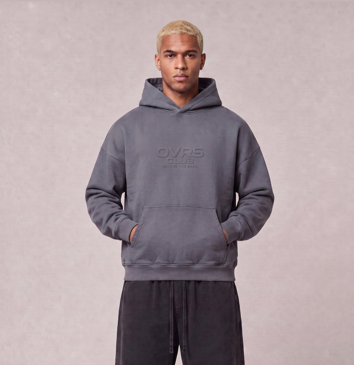 Essential Oversized Hoodie in Gray Blue, front view on model