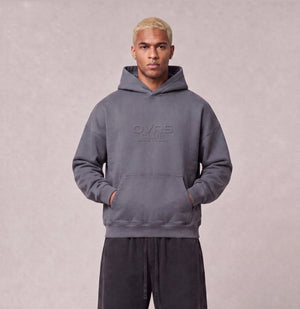 Essential Oversized Hoodie in Gray Blue, front view on model