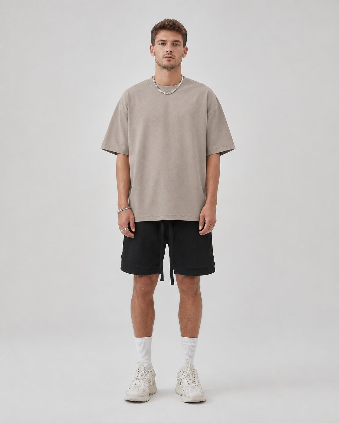 Essential Oversized T-Shirt in Brown, full length view on model