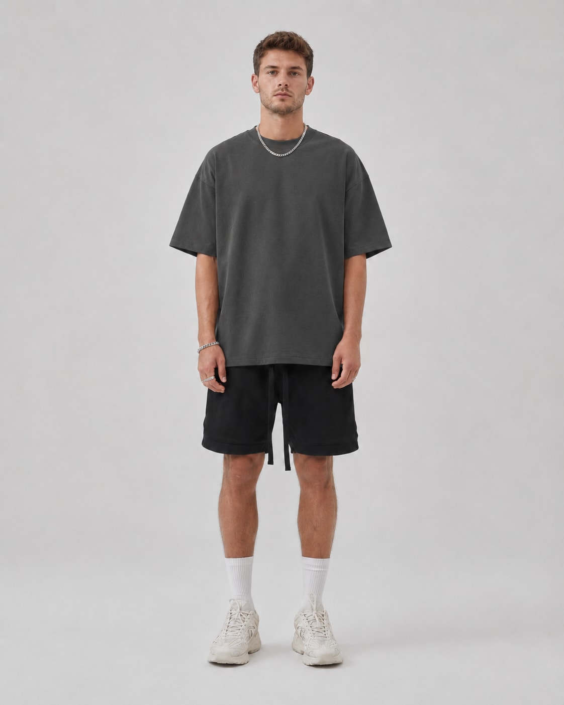 Essential Oversized T-Shirt in Dark Gray, full length view on model