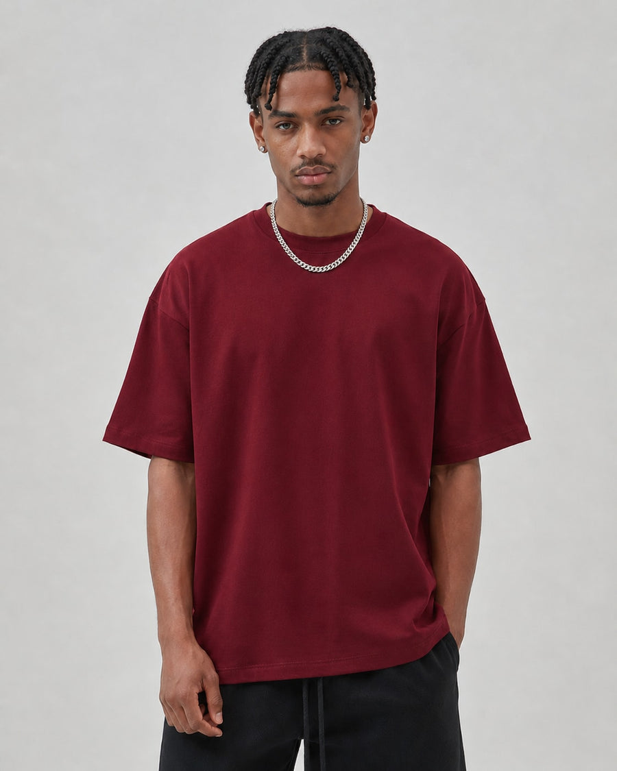 Essential Oversized T-Shirt in Dark Red, front view on model