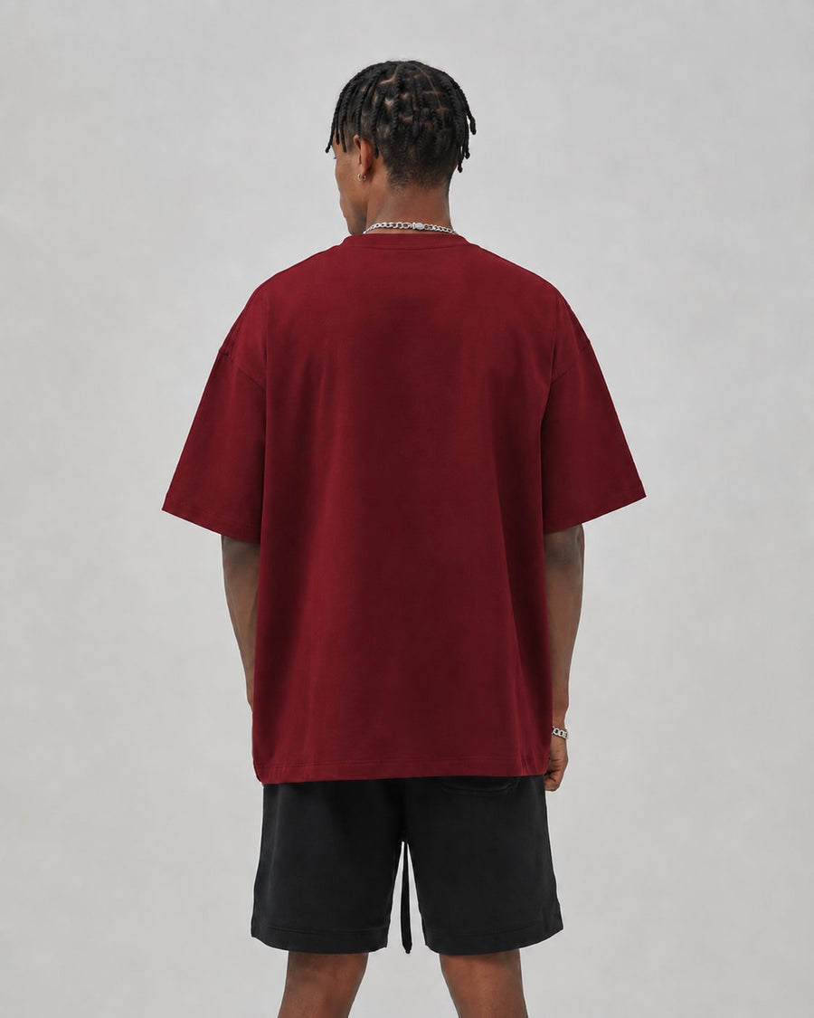 Essential Oversized T-Shirt in Dark Red, back view on model