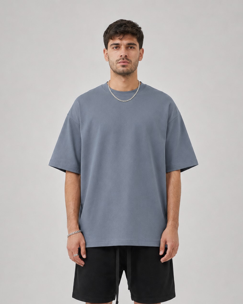 Essential Oversized T-Shirt in Gray Blue, front view on model
