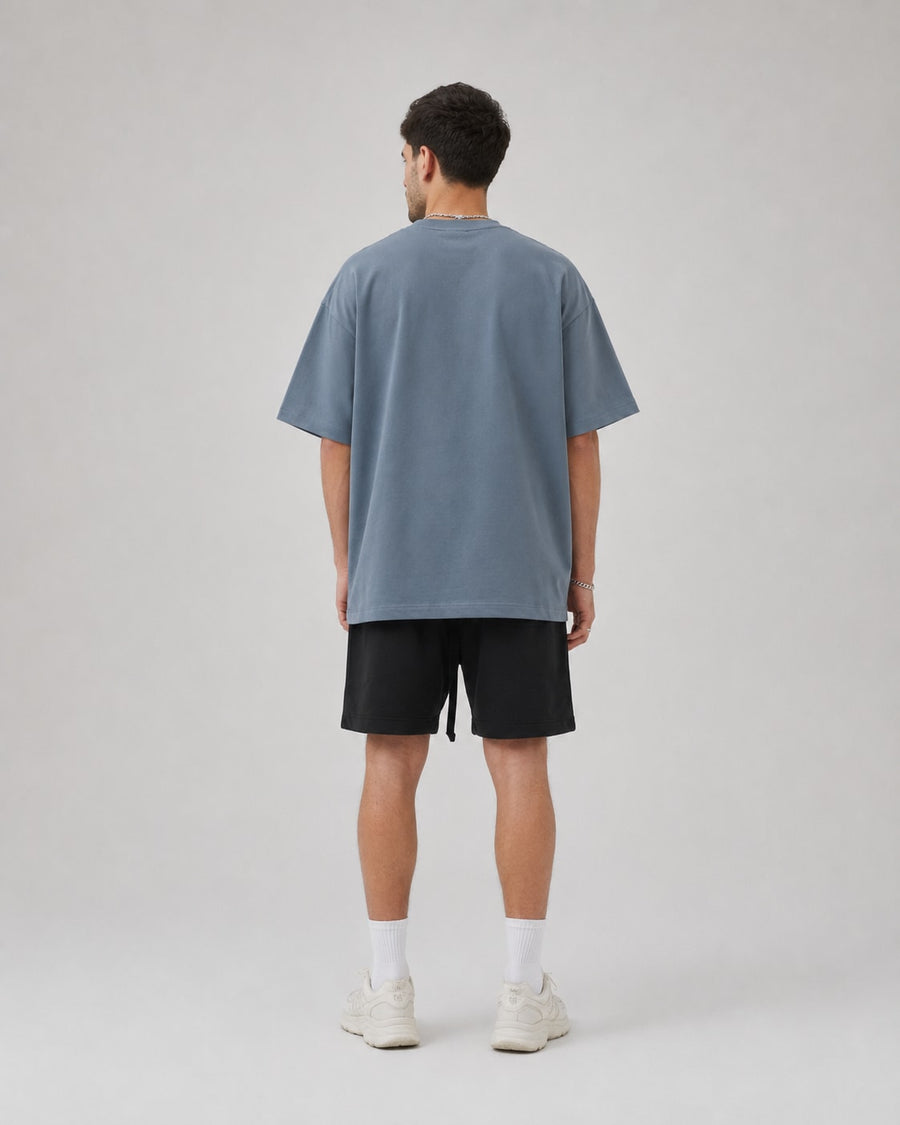 Essential Oversized T-Shirt in Gray Blue, back view on model