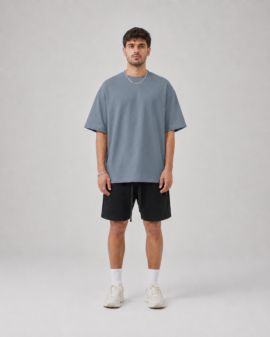 Essential Oversized T-Shirt in Gray Blue, full length view on model