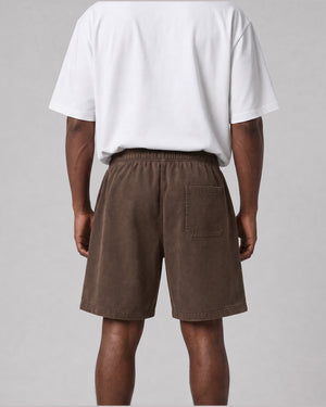 Essential Relaxed Short in Coffee, back view on model