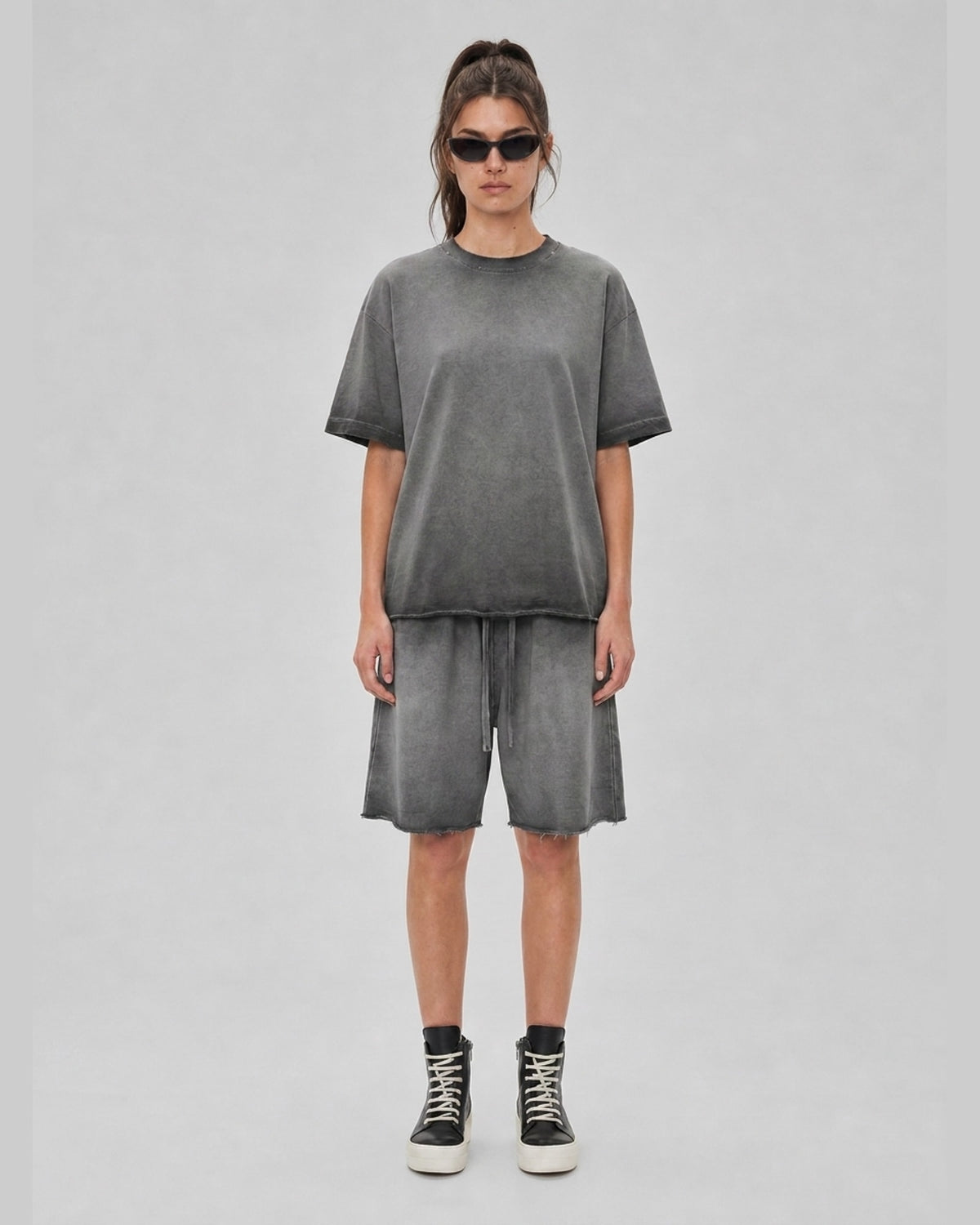 Washed Oversized Set in Ash Gray, front view on model