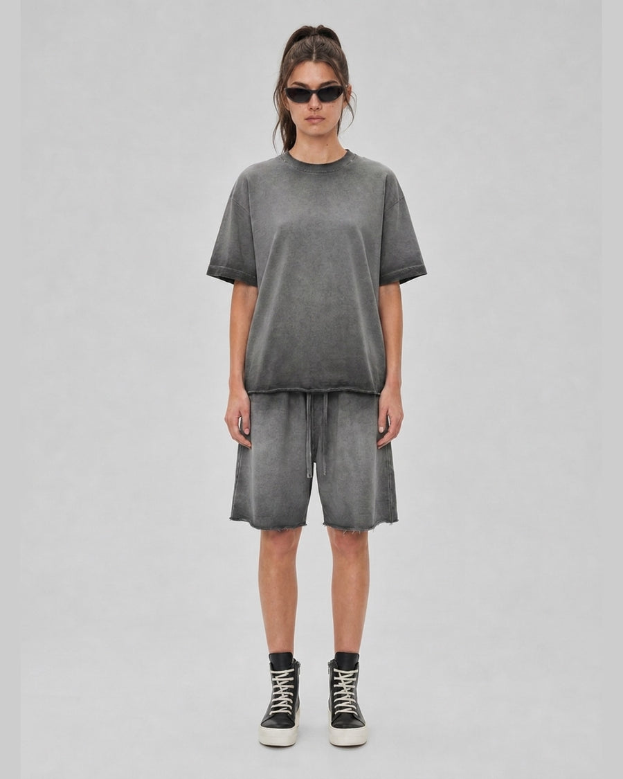 Washed Oversized Set in Ash Gray, front view on model