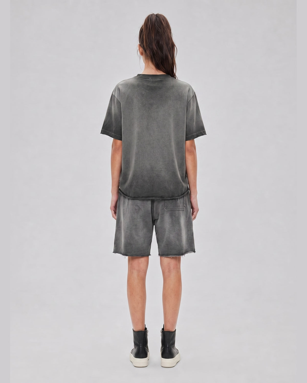 Washed Oversized Set in Ash Gray, back view on model