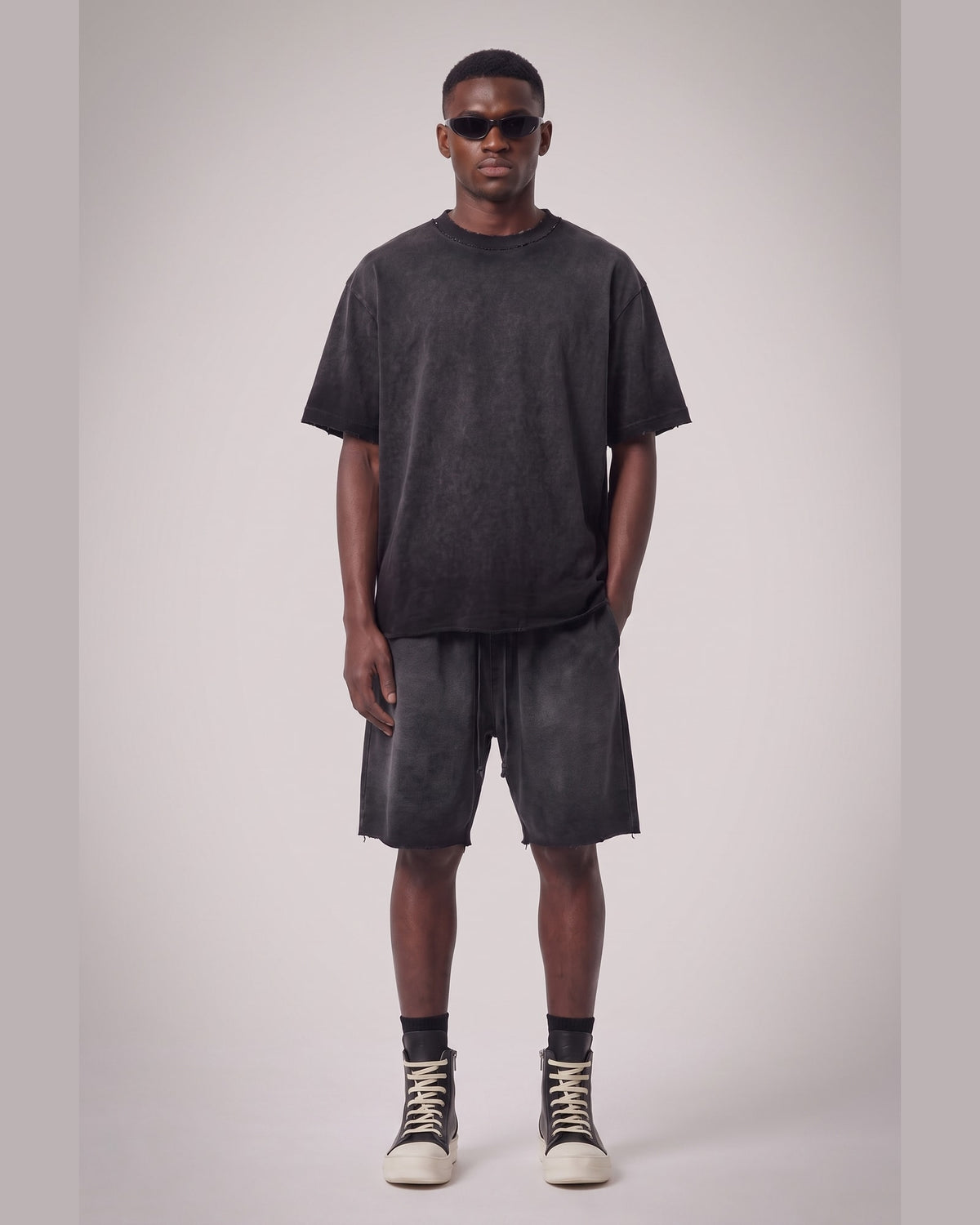 Washed Oversized Set in Black, front view on model