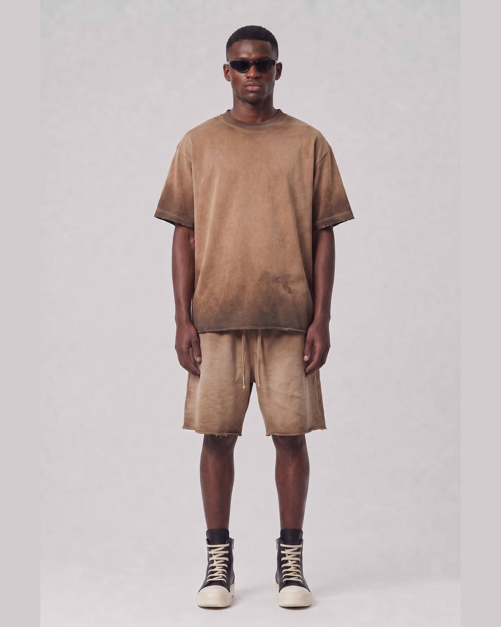 Washed Oversized Set in Caramel, front view on model