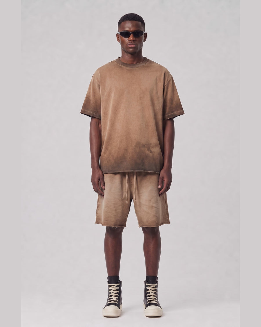 Washed Oversized Set in Caramel, front view on model