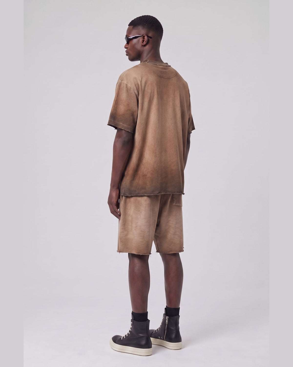 Washed Oversized Set in Caramel, back view on model