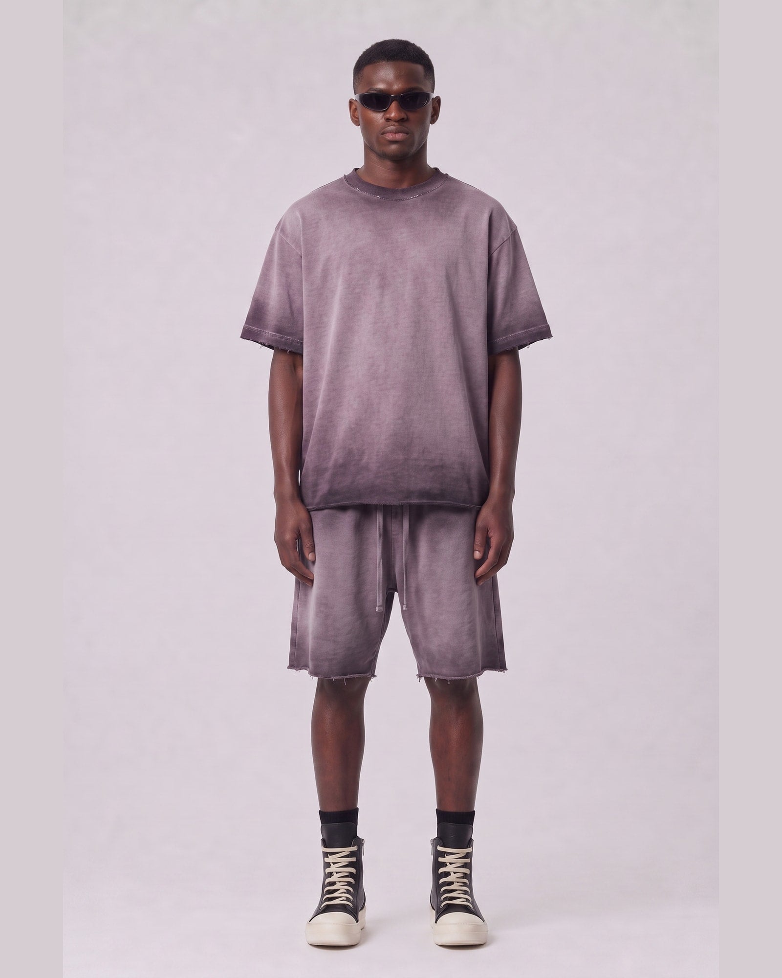 Washed Oversized Set in Dusty Plum, front view on model