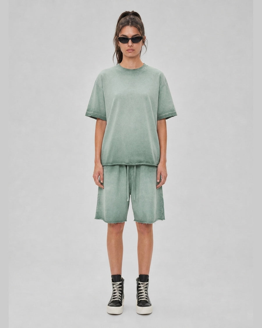 Washed Oversized Set in Sage Green, front view on model