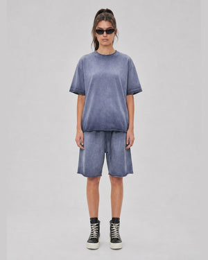 Washed Oversized Set in Slate Blue, front view on model