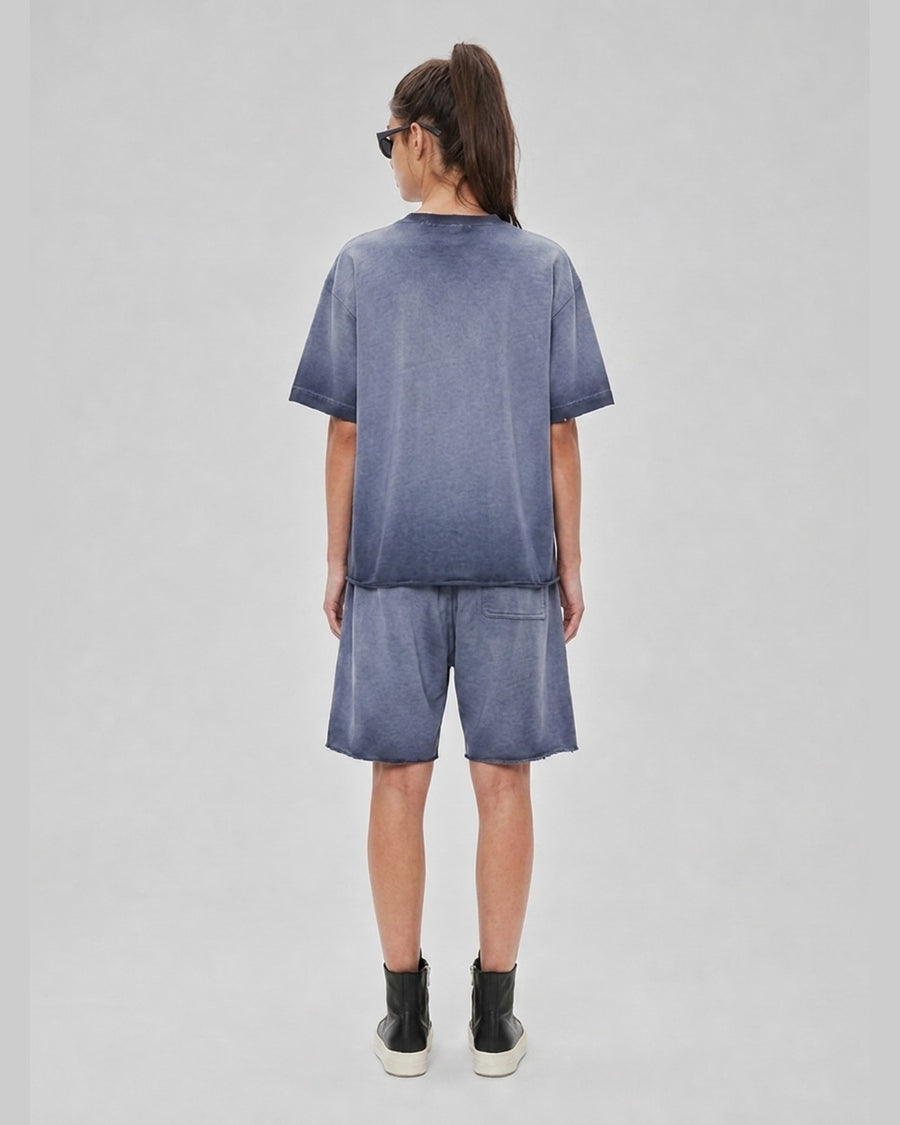 Washed Oversized Set in Slate Blue, back view on model